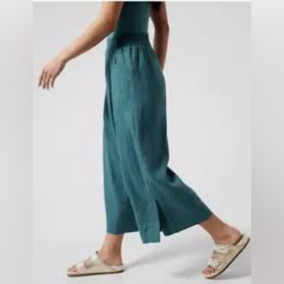 Athleta Playa Linen Wide Crop Borealis Green 100% Linen Zipper Pockets - Picture 1 of 6